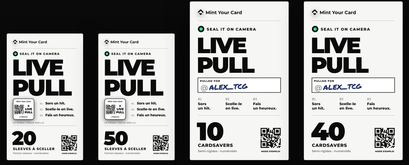 Les quatre boîtes blanches Live Pull : 20 sleeves, 50 sleeves, 10 cardsavers, 40 cardsavers.